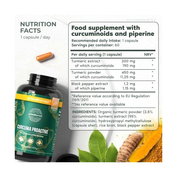 Primal Harvest® Lot de 2 extraits de curcuma de curcuma avec poudre de curcuma bio BioPerine® 95% curcuminoïdes testés en lab