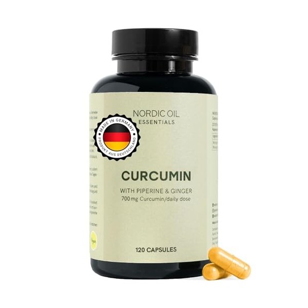 Capsules de curcuma | Hautement dosé avec 700 mg 100 % de curcumine en poudre de curcuma par dose quotidienne | 120 capsules