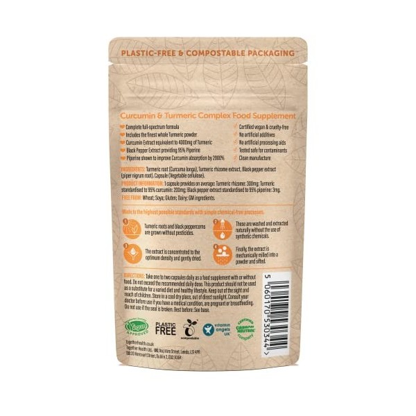 Complexe de curcumine et de curcuma – Together Health – Poudre de curcuma entier biologique – 95% de curcumine et pipérine –
