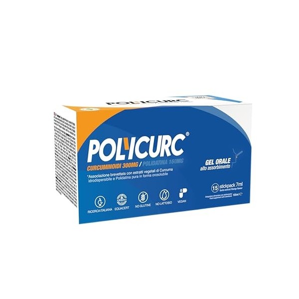 Gel PolyCurc avec curcumine et polydatine, Stick-pack forte dose rapide absorption, Recherche italienne brevetée dans le mond