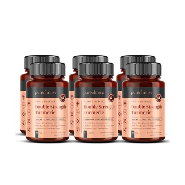 Curcuma Double Strength Lot de 6 flacons de 180 comprimés de curcuma 200 % plus de curcuma + niveaux naturels de curcumine Cu...