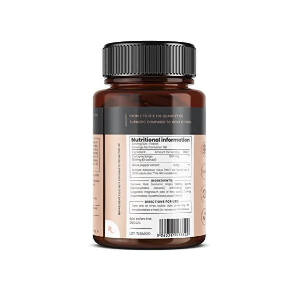 Curcuma Double Strength Lot de 6 flacons de 180 comprimés de curcuma 200 % plus de curcuma + niveaux naturels de curcumine Cu...