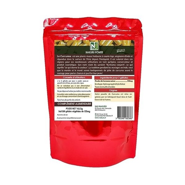NAKURU | Curcuma | Gamme Power | Fabriqué en France | "Le Safran des Indes!" 500 Gélules Végétales de 325mg / Poids Net: 162 ...