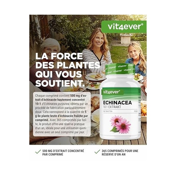 Échinacée 500 mg - 365 comprimés végétaliens - Extrait naturel déchinacée 10:1 - Hautement dosé - Sans additifs indésirables