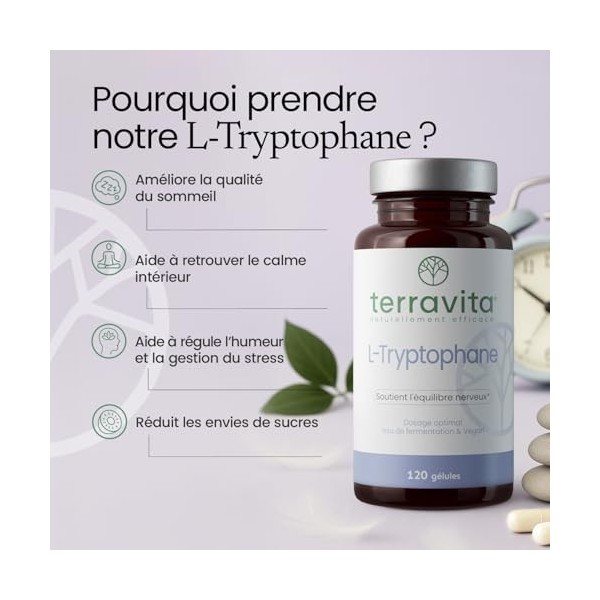 L-Tryptophane | 120 Gélules de 220 mg de Tryptophane + Vitamine B6 | Précurseur de Sérotonine | Régulation de l’Humeur, du St