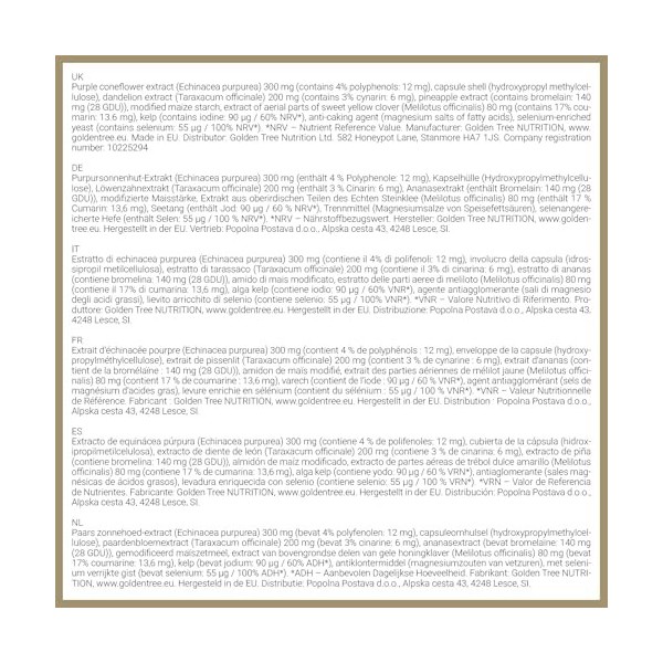 Golden Tree Lymph Relief – Gélules de soutien du système lymphatique avec échinacée, extrait de pissenlit, mélilot, bromélaïn