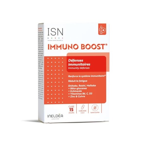 ISN - IMMUNO BOOST® - Renforce limmunité & Réduit la fatigue - Échinacée, Bêta-glucanes, Vitamines B6, C & D3, Zinc & Cuivre