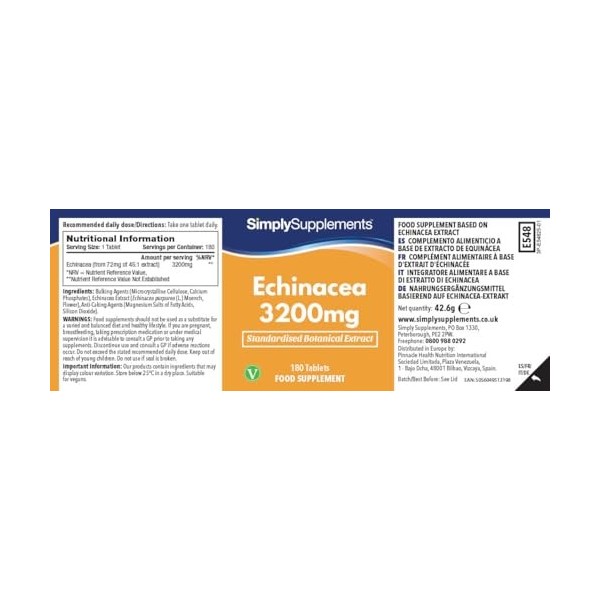 Échinacée 3200 mg | Complément Alimentaire Naturel | 180 Comprimés Végétaliens | 6 Mois d’Utilisation | SimplySupplements