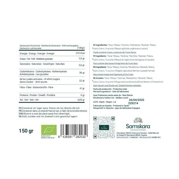 Poudre de super baies biologiques à mélanger | Maca, Acai, Camu, Acelera, Blueberry, Lucuma, Maca et Baobab | pour smoothies,