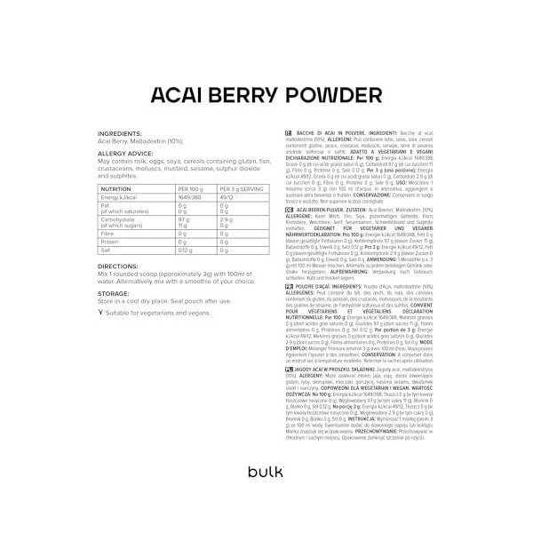 Bulk Poudre de baies daçaï, 250 g LEmballage Peut Varier