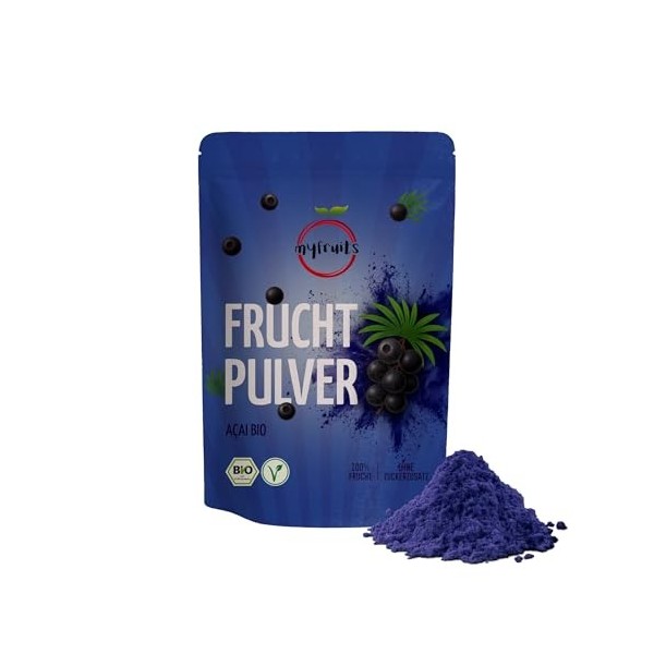 myfruits Poudre daçai bio lyophilisée 70g sans additifs violet foncé pour smoothie, shakes & yaourt