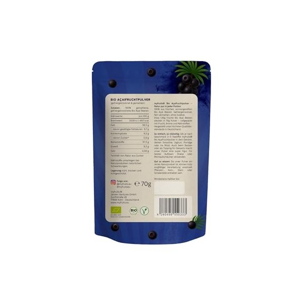 myfruits Poudre daçai bio lyophilisée 70g sans additifs violet foncé pour smoothie, shakes & yaourt