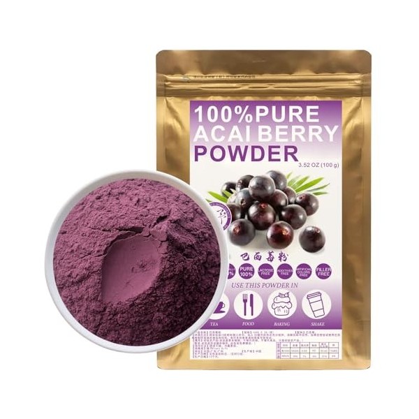 Plant Gift 100% Freeze-Dried Acai Powder 100/3.52oz, 100G Pure de pulpe de baies daçai pure, idéale pour les bols de baies d ...