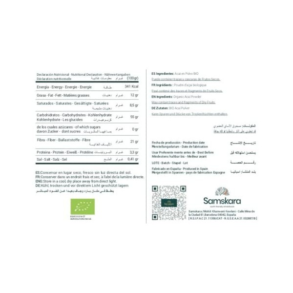 Poudre daçaï biologique SAMSKARA | Poudre daçaï biologique riche en vitamines et minéraux essentiels | Lot 2025, fraîcheur B...