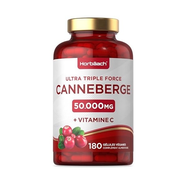 Cranberry Gelules 50000 mg avec 200mg Vitamine C | Extrait de Cranberry Haute Résistance avec Vitamine C | 180 Vegan Gélules 