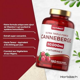 Cranberry Gelules 50000 mg avec 200mg Vitamine C | Extrait de Cranberry Haute Résistance avec Vitamine C | 180 Vegan Gélules 