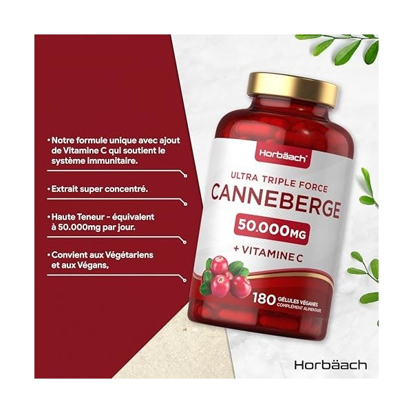 Cranberry Gelules 50000 mg avec 200mg Vitamine C | Extrait de Cranberry Haute Résistance avec Vitamine C | 180 Vegan Gélules 