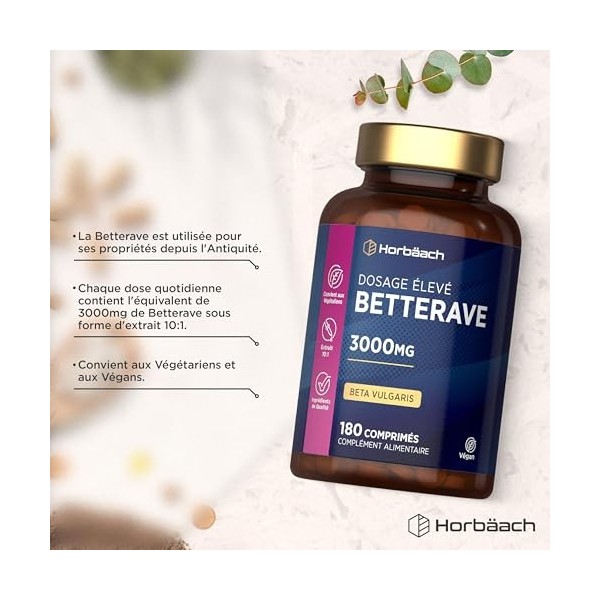 Betterave 3000 mg | Beet Root Gelules | Booster de Superaliments à LOxyde Nitrique | 180 Comprimés Végétaliens | par Horbaac