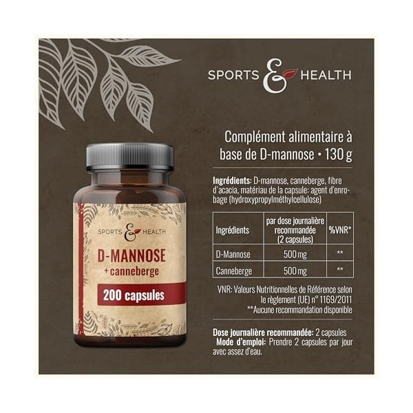 Gélules de D-Mannose & Cranberry – 200 gélules véganes – avec D-Mannose en poudre et Cranberry – 500 mg par portion journaliè