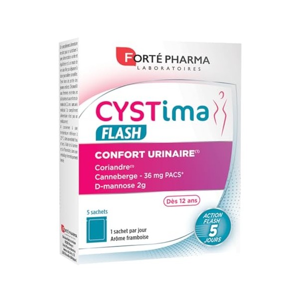 Forté Pharma - Cystima Flash - Dès 12 ans - Confort urinaire, Elimination, Bien etre - Coriandre, D mannose, Cranberry - 5 sa