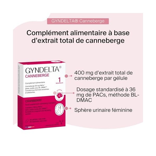 Gyndelta 36 mg Canneberge | Sphère urinaire femme | Extrait total de cranberry dosé en PACs | 30 gélules végétales | Cure de 