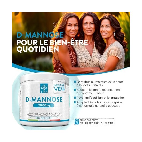 D Mannose Pur 2000mg, 180 Gélules PiùLife 3 Par Jour, Complément Pour Les Voies Urinaires Femmes, Complément Cystite, Bien-êt