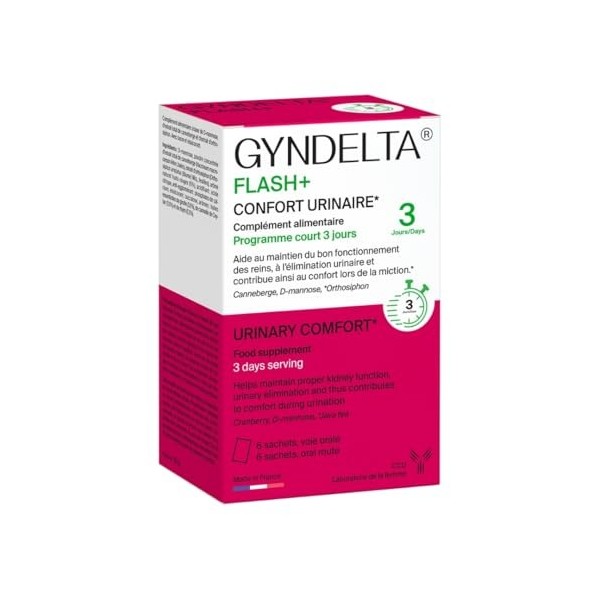 Gyndelta Flash+ Confort Urinaire Féminin 6 Sachets | Cure 3 Jours | D-Mannose, Canneberge 72mg PACs & Orthosiphon | Poudre à ...