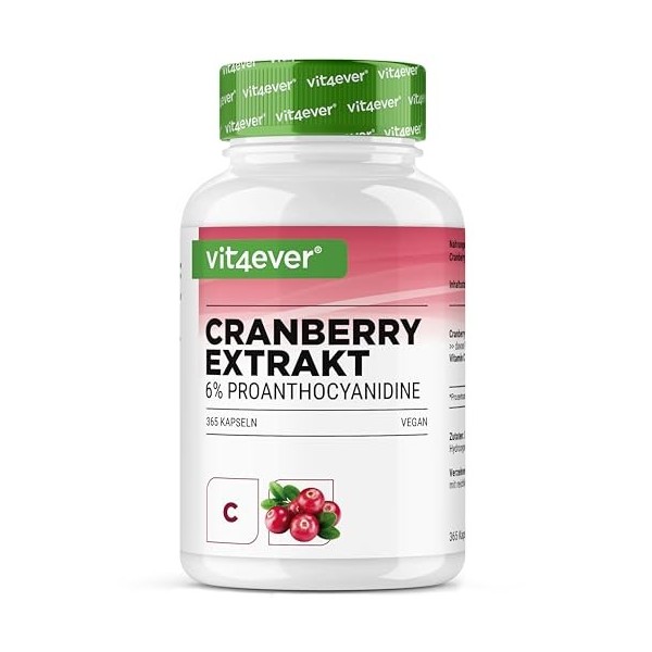 Extrait de canneberge + Vitamine C – 365 gélules de canneberge – Extrait 25:1, équivalent à 25.000 mg – 6% proanthocyanidines