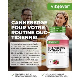 Extrait de canneberge + Vitamine C – 365 gélules de canneberge – Extrait 25:1, équivalent à 25.000 mg – 6% proanthocyanidines