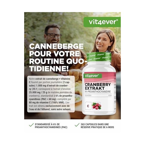 Extrait de canneberge + Vitamine C – 365 gélules de canneberge – Extrait 25:1, équivalent à 25.000 mg – 6% proanthocyanidines