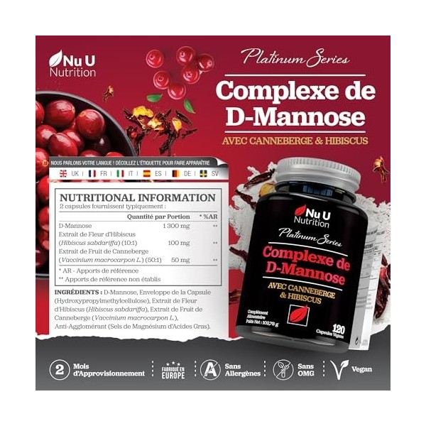 D-Mannose - 120 Capsules Véganes - Complexe 3 en 1 avec Extraits de Canneberge et dHibiscus - Soutien Naturel pour les Femme