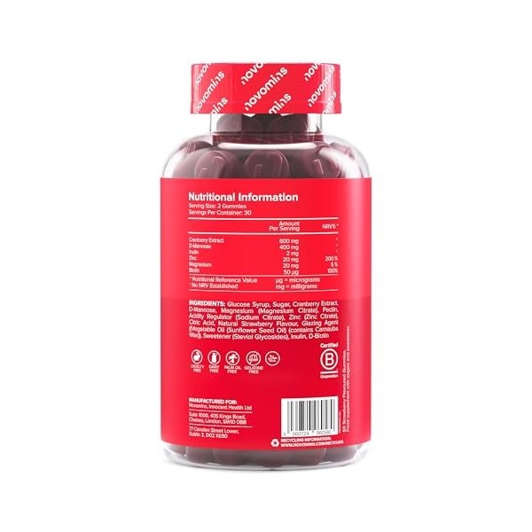 Gommes Canneberge & D-Mannose – Extrait de Canneberge, Zinc, Magnésium, Inuline & Biotine – Équilibre Acido-Basique & Fonctio