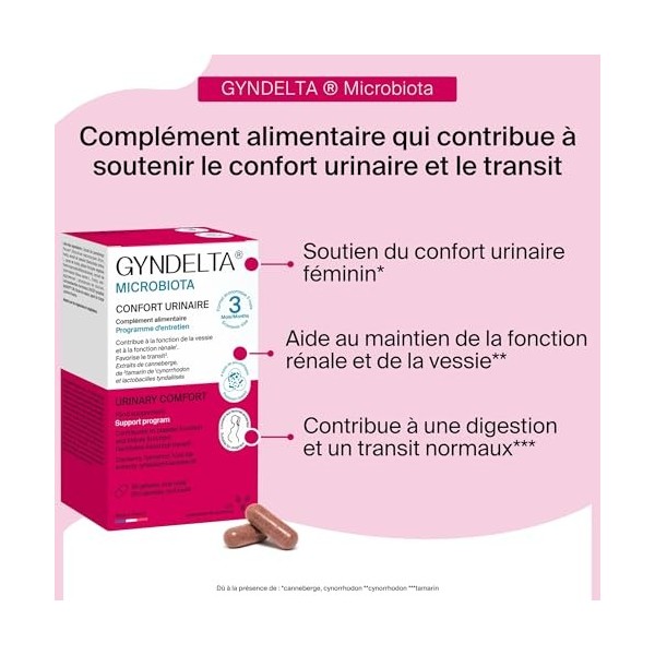 GYNDELTA® Microbiota | Confort urinaire et digestif de la femme | Canneberge Pacran®, Tamarin, Cynorrhodon & probiotiques | 9