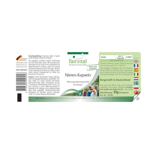 Fairvital | Gélules pour les reins - 60 gélules - canneberge, busserole, pissenlit, feuilles de bouleau, genévrier, prêle, lu