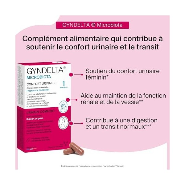 GYNDELTA® Microbiota | Confort urinaire et digestif de la femme | Canneberge Pacran®, Tamarin, Cynorrhodon & probiotiques | 3