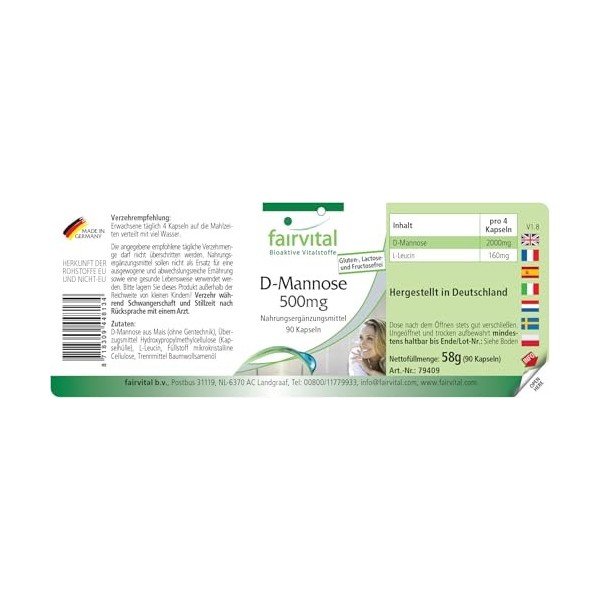 Fairvital | D-Mannose 500mg - pour 15 jours - HAUTEMENT DOSE - 90 gélules - monosaccharide naturel