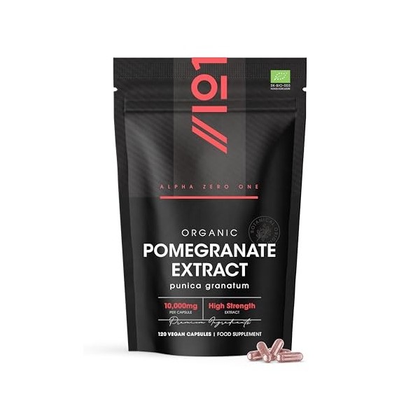 Extrait de Grenade Bio 10 000mg – 120 Gélules Véganes – Extrait Puissant 40:1 de Punica Granatum – Sachet Refermable et Recyc
