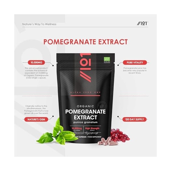 Extrait de Grenade Bio 10 000mg – 120 Gélules Véganes – Extrait Puissant 40:1 de Punica Granatum – Sachet Refermable et Recyc
