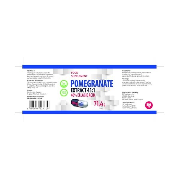 Extrait de grenade pomegrenate 22,500 mg équivalent 500 mg dextrait 45:1 120 capsules végétaliennes, 45 % dacide ellagi