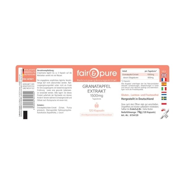 Fair & Pure® - Extrait de grenade 1500mg dose journalière - 120 gélules véganes - 40% dacide ellagique