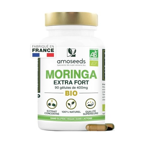 Moringa Oleifera BIO | Extra Fort, 10 000mg par jour | 100% Naturel et Pur | 90 Gélules vegan de 400mg | Qualité Supérieure