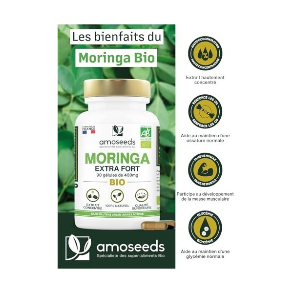 Moringa Oleifera BIO | Extra Fort, 10 000mg par jour | 100% Naturel et Pur | 90 Gélules vegan de 400mg | Qualité Supérieure