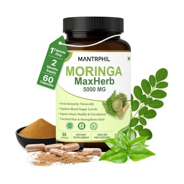 Moringa Capsules 5000 mg – Approvisionnement de 2 mois | 60 gélules à haute résistance | Végétalien, sans OGM et testé en lab