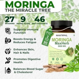 Moringa Capsules 5000 mg – Approvisionnement de 2 mois | 60 gélules à haute résistance | Végétalien, sans OGM et testé en lab