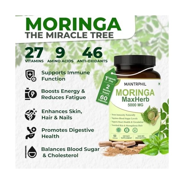 Moringa Capsules 5000 mg – Approvisionnement de 2 mois | 60 gélules à haute résistance | Végétalien, sans OGM et testé en lab