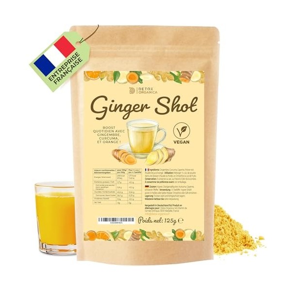 DETOX ORGANICA Ginger Shot - Jusquà 160 shots de Jus de Gingembre et Curcuma- Booster et Detox - 125g Préparation en poudre ...