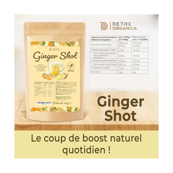 DETOX ORGANICA Ginger Shot - Jusquà 160 shots de Jus de Gingembre et Curcuma- Booster et Detox - 125g Préparation en poudre ...