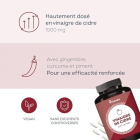 Vinaigre de Cidre Gélules 1500 mg avec la Mère - Complexe avec Piment, Gingembre et Curcuma - 120 Gélules Vegan - Fabriqué en