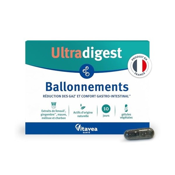 Ultradigest Ballonnements - Confort gastro-intestinal - Charbon, Mauve, Fenouil, Mélisse, Gingembre - Facilite la digestion -