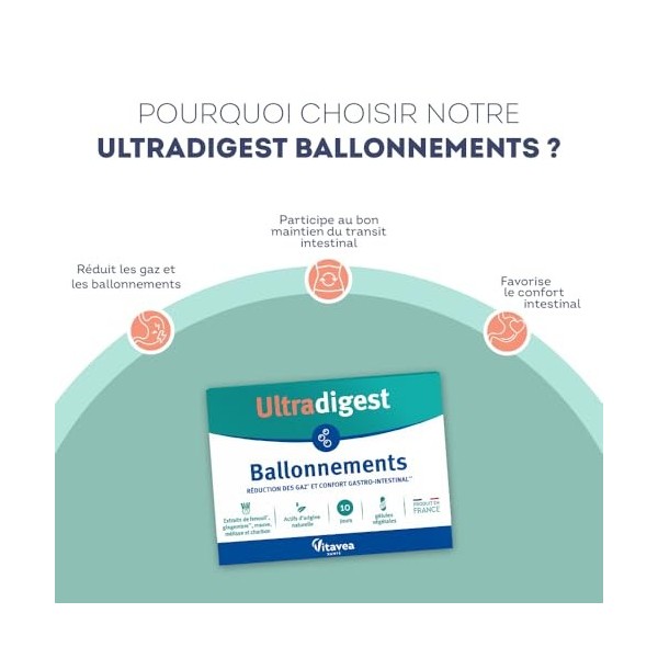 Ultradigest Ballonnements - Confort gastro-intestinal - Charbon, Mauve, Fenouil, Mélisse, Gingembre - Facilite la digestion -